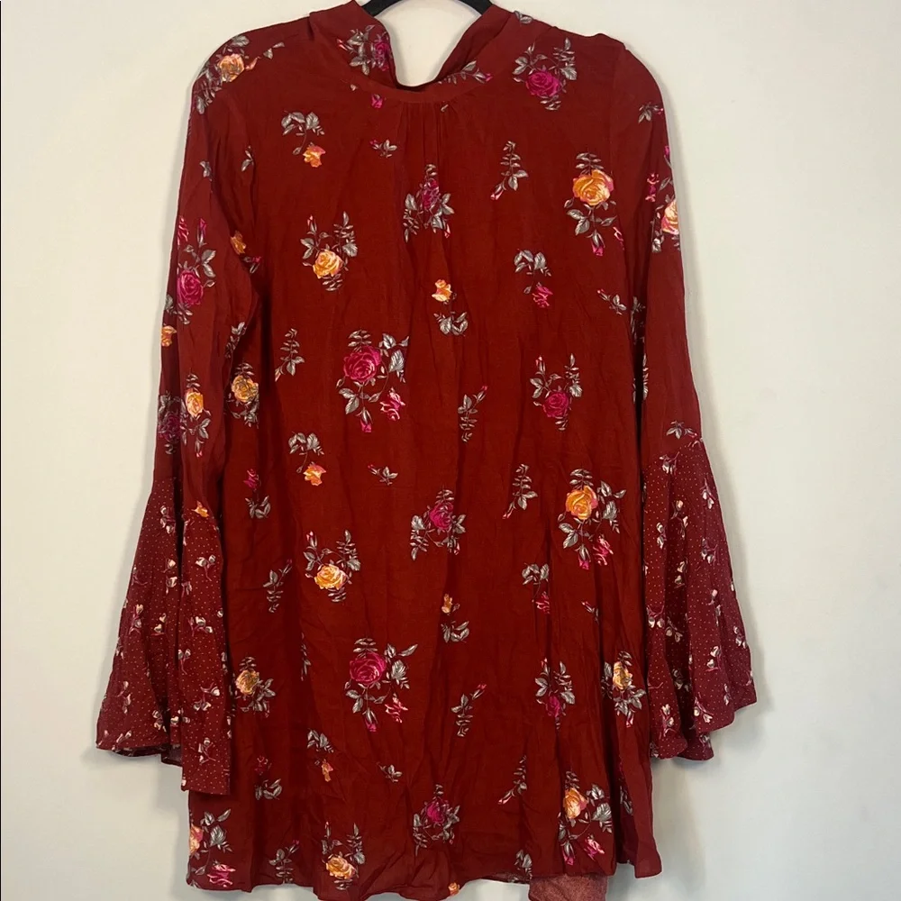 NWT Free People Women's Maroon Red Floral Vintage Combo Long Sleeve Dress Medium